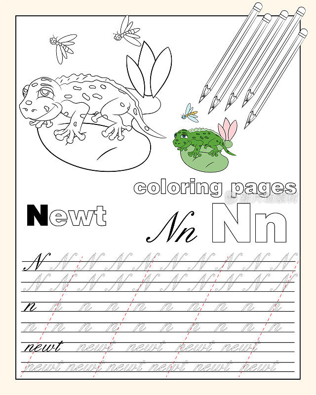 illustration_14_coloring pages of the English alphabet with animal drawings with a string for writing English letters